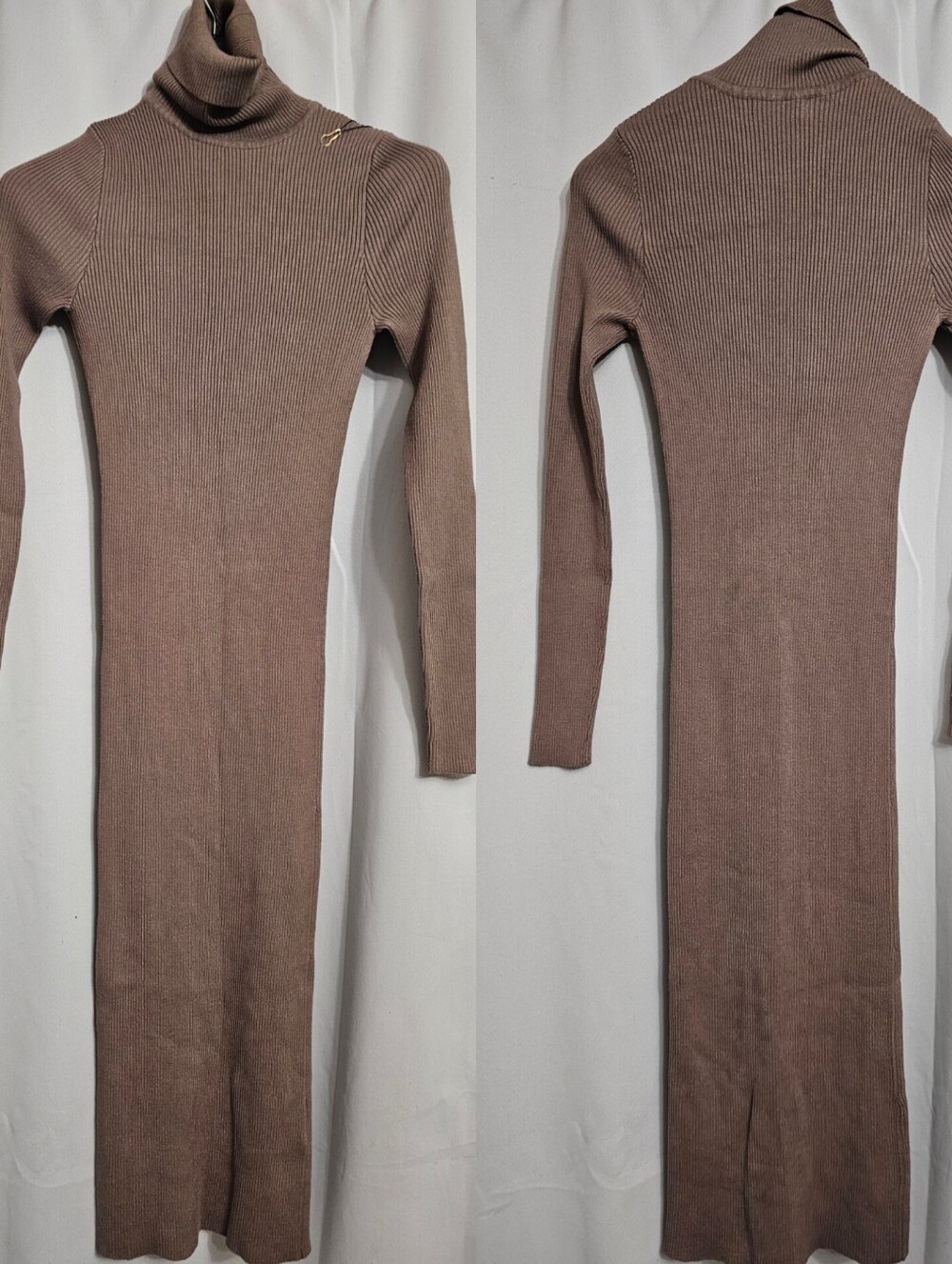 Ribbed Knit Turtleneck Maxi Dress Sleeve PrettyGuide Rich Taupe Brown Small NWT